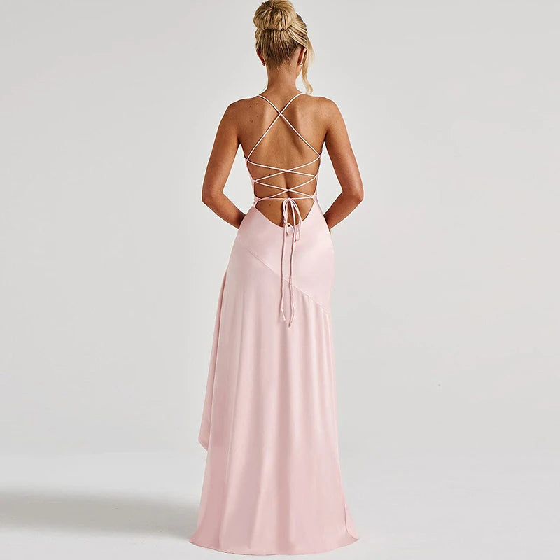 Sexy Slash Neck Slim Ruffle Banquet Dress Women Spring Backless Lace-up Long Irregular Dress Summer Sleeveless Hollow Maxi Dress