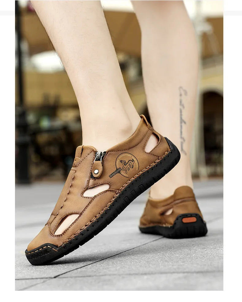 Men’s Leather Roman Sandals – Breathable Handmade Casual Summer Shoes for Outdoor & Beach