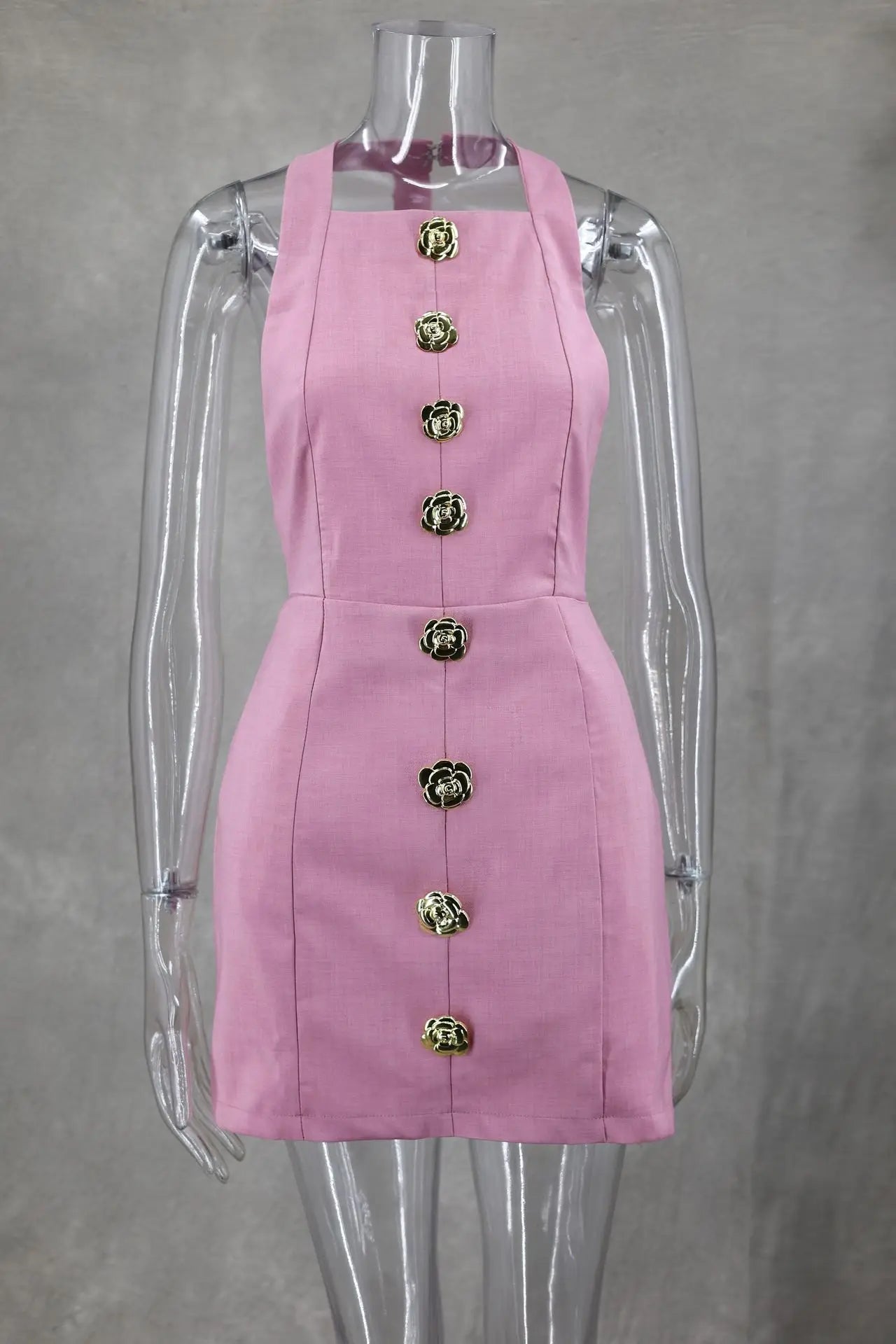 Chic Pink Halter Mini Dress – Backless, Sleeveless, Gold Button | Summer Party Dress 2025