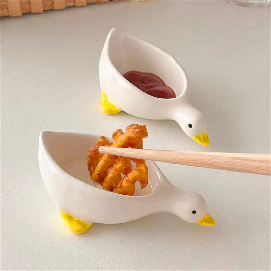 2pcs ceramic duck seasoning dish, salad dipping dish, cream mini bowl, cute design afternoon tea cutlery