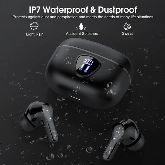 New Wireless Earbuds HiFi Stereo Headphones BT5.3 with ENC Noise Cancelling 48H LED Display Ear Buds IP7 Waterproof Earphones