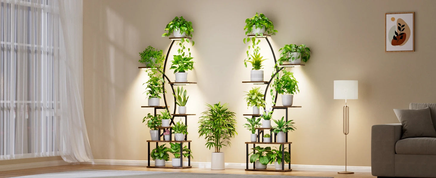 8-Tier Indoor Plant Stand with Grow Lights – Tall Metal Shelf for Corners & Living Rooms, Space-Saving Display Rack for Multiple Plants