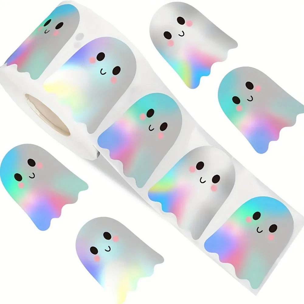 1roll/500pcs Cute Laser Ghost Stickers,Cute Ghost Sealing Stickers, Self-Adhesive Paper,Halloween Halloween Decorations Stickers