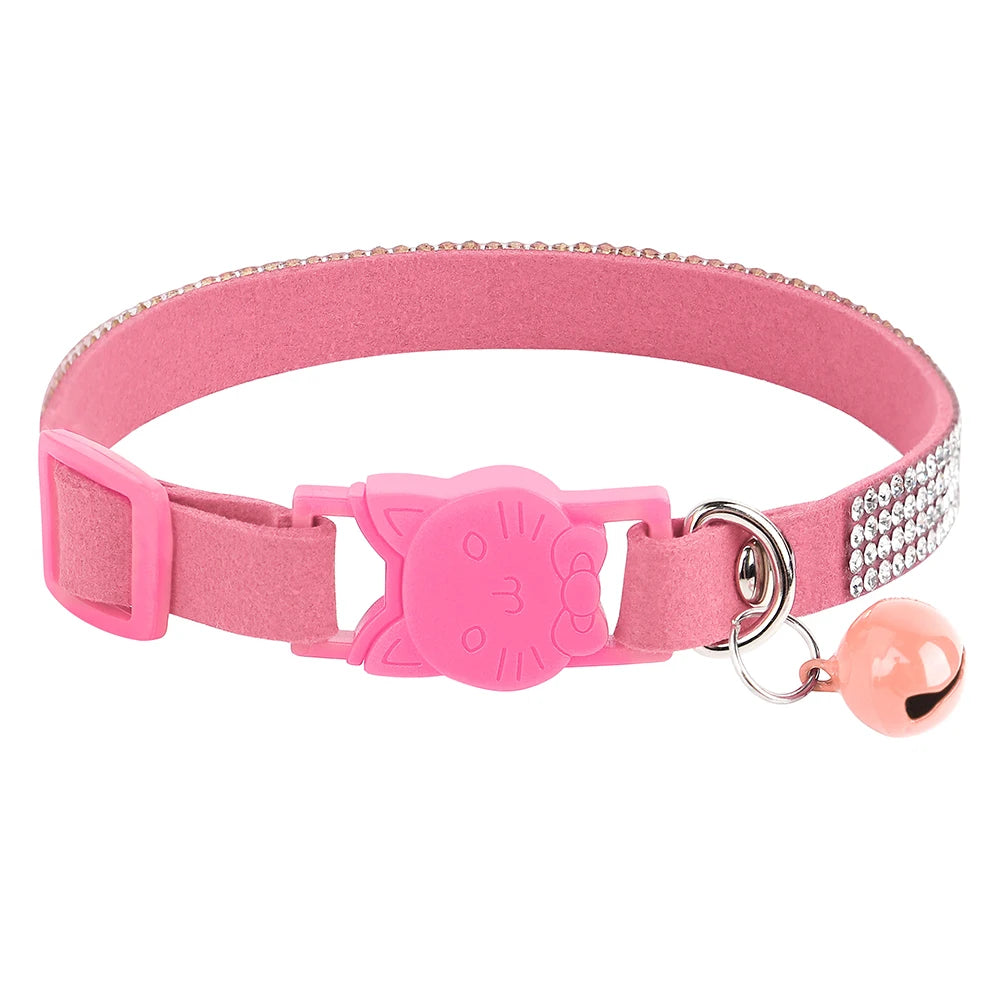 Bling Suede Cat Collar – Rhinestone Bell, Soft & Safe