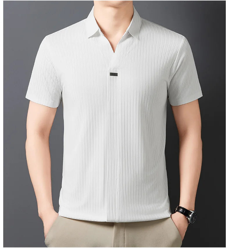 Men’s Breathable Ice Silk Stripe Polo Shirt – Summer Casual