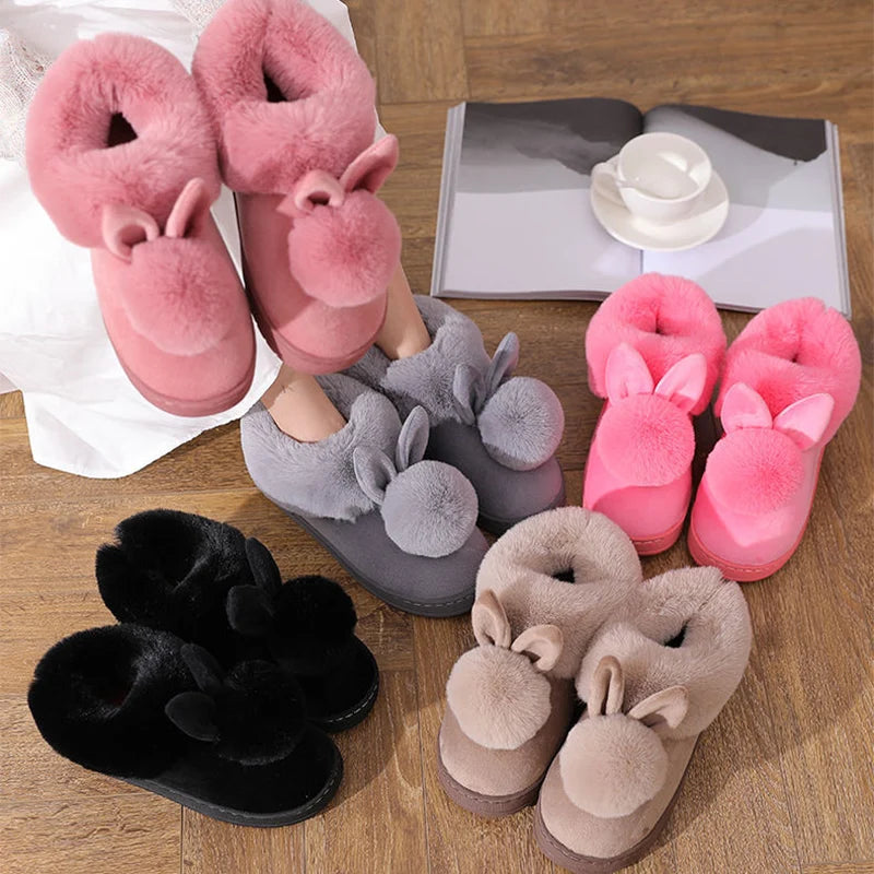 Winter Warm Home Fur Boots Womens Indoor Home Rabbit Shoe Furry Ears Footwear Indoor Bedroom Flat Heels Fluffy Ankle Boots