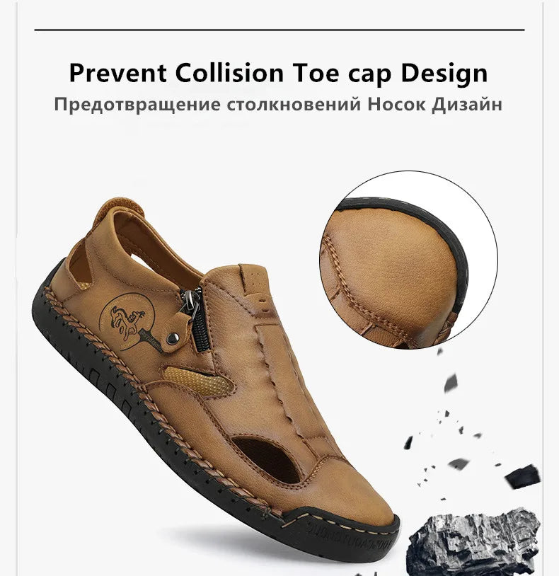 Men’s Leather Roman Sandals – Breathable Handmade Casual Summer Shoes for Outdoor & Beach