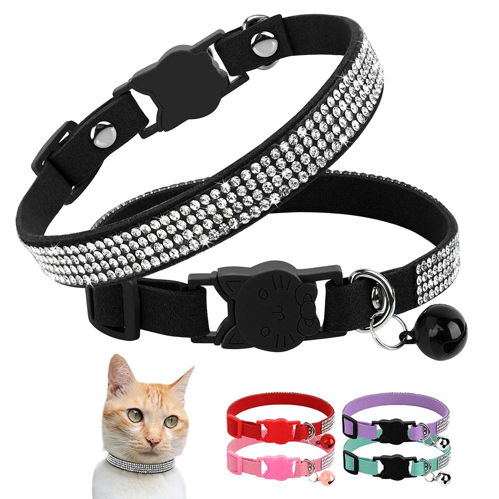 Bling Suede Cat Collar – Rhinestone Bell, Soft & Safe