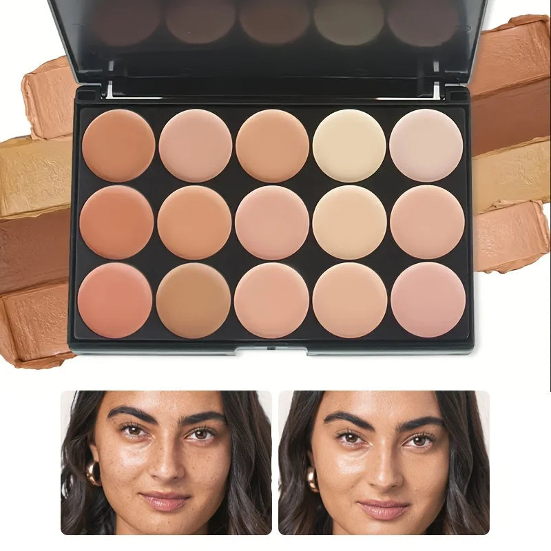 2pcs 15-color Professional Concealer with Brush,Face Makeup and Contouring Dark Circles Acne Mark Brightening Waterproof Sweat