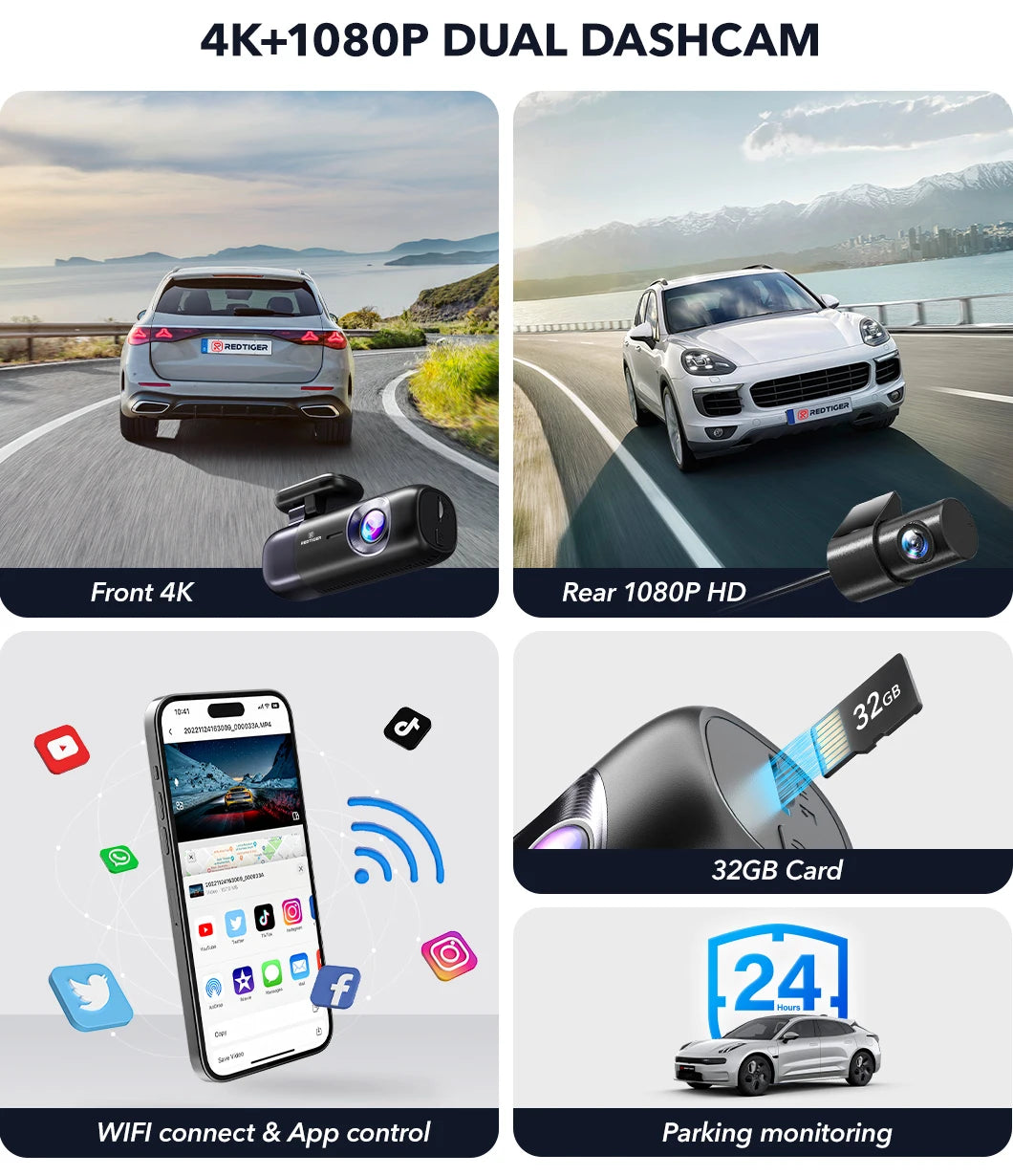 REDTIGER F9 Dash Cam 4K Front and Rear WiFi GPS Car Camera for Parking Mode Car Dvr for Night Vision Car Recorder By App Control