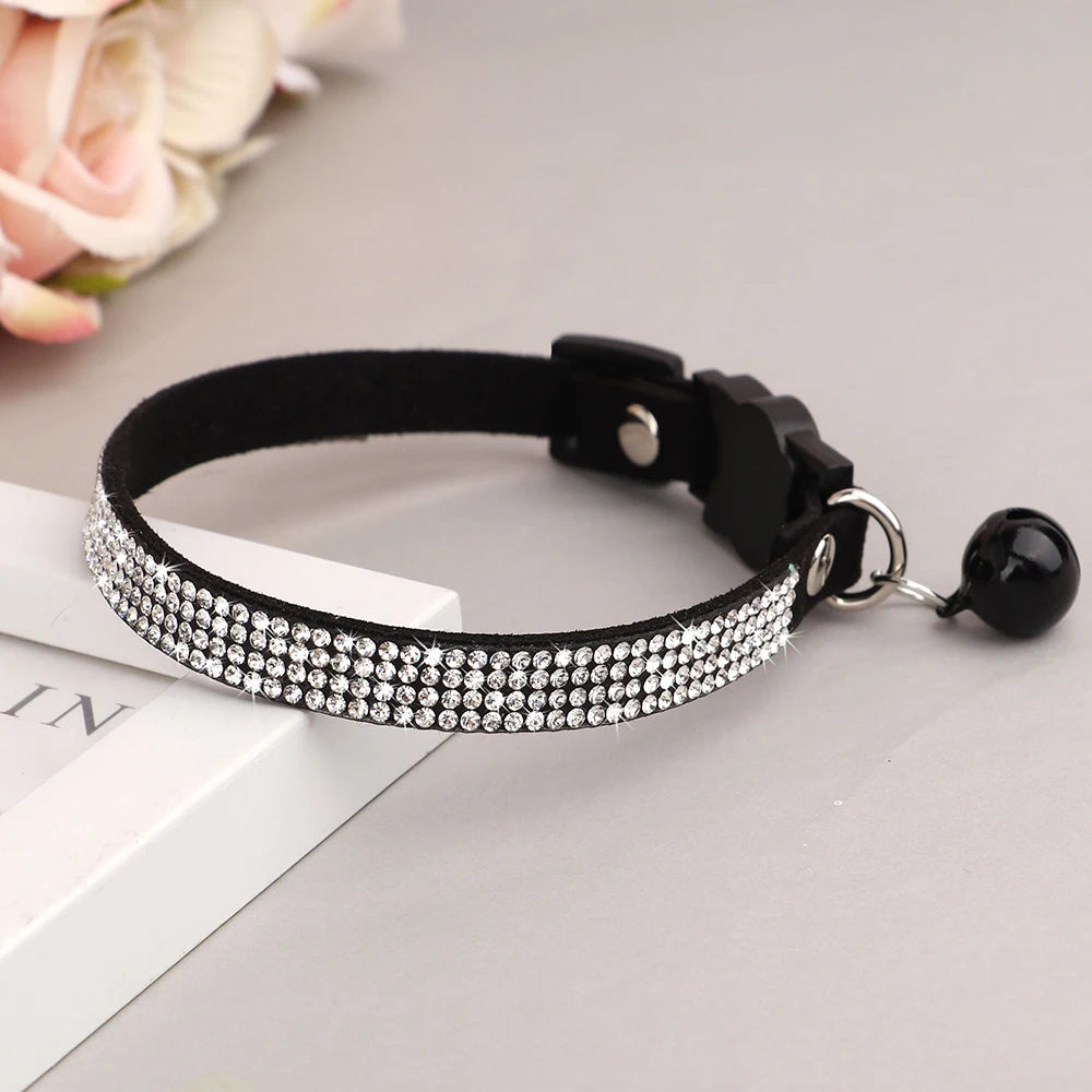 Bling Suede Cat Collar – Rhinestone Bell, Soft & Safe