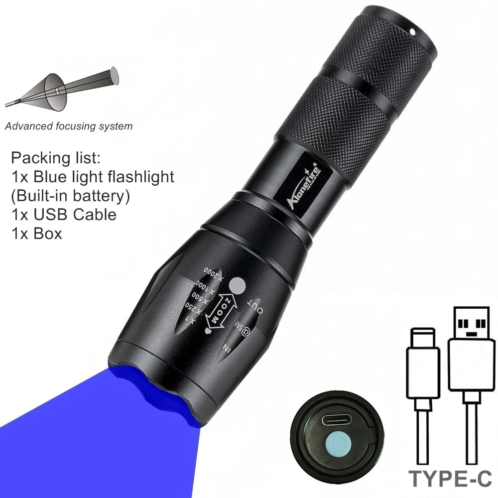 Zoom Red/Green/Blue light LED Flashlight USB Rechargeable Outdoor Hunting beekeeping Fishing Hiking Travel Camping Lamp Torch