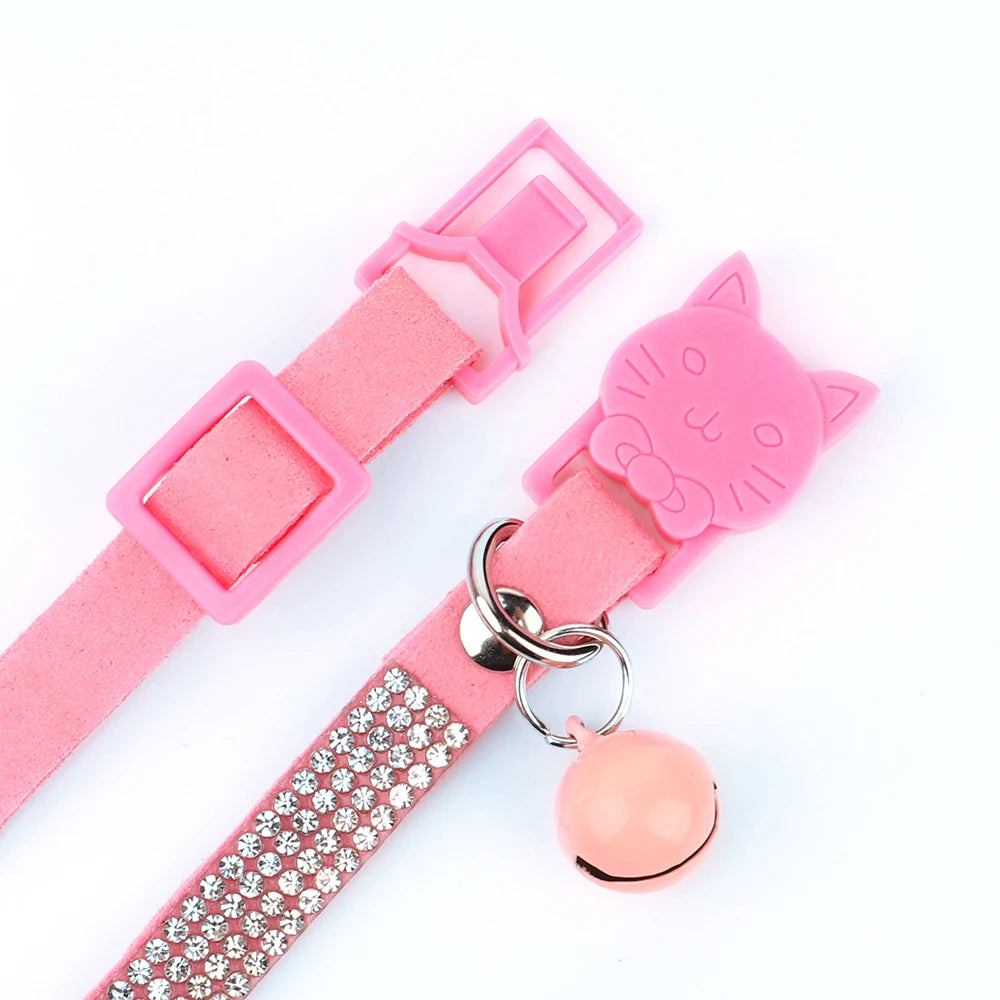 Bling Suede Cat Collar – Rhinestone Bell, Soft & Safe