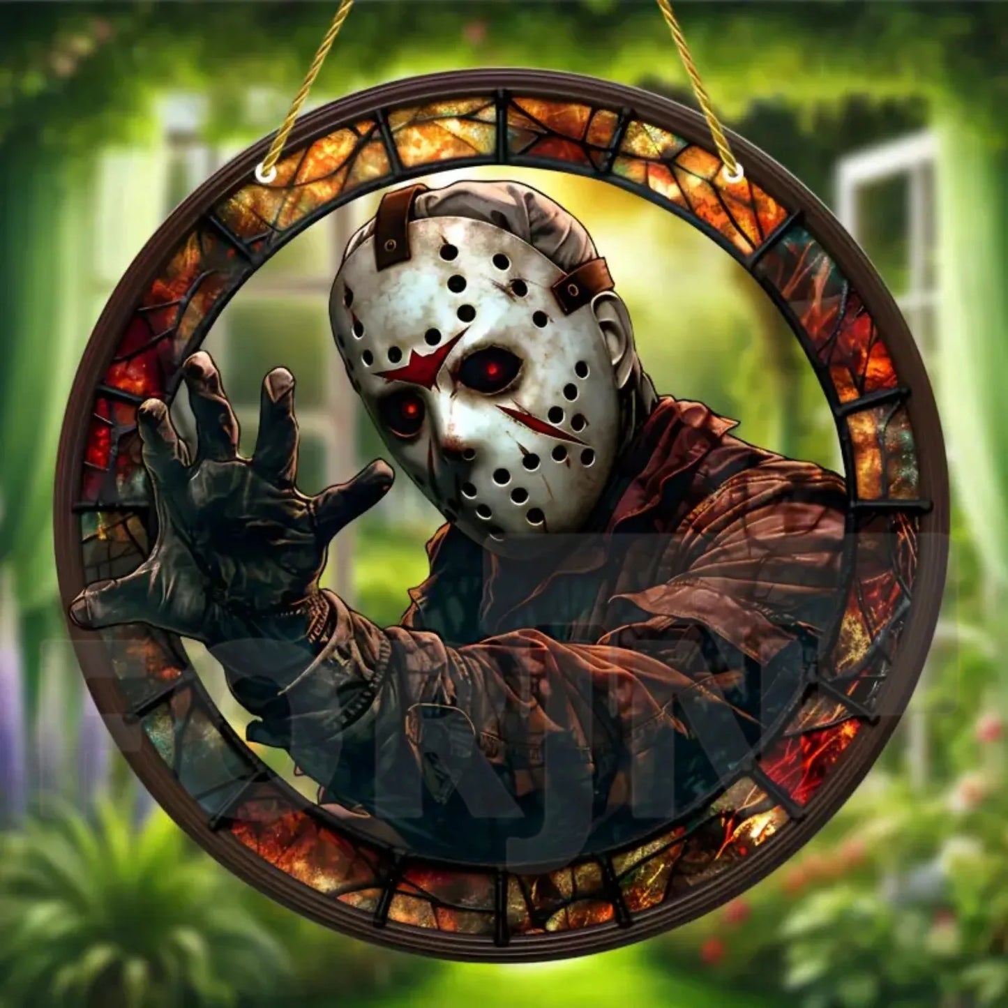 Horror Theme Stained Window Hanging Sun Catcher,Round Acrylic Translucent Sign,Halloween Decor for House,bar,Porch,Patio Garden