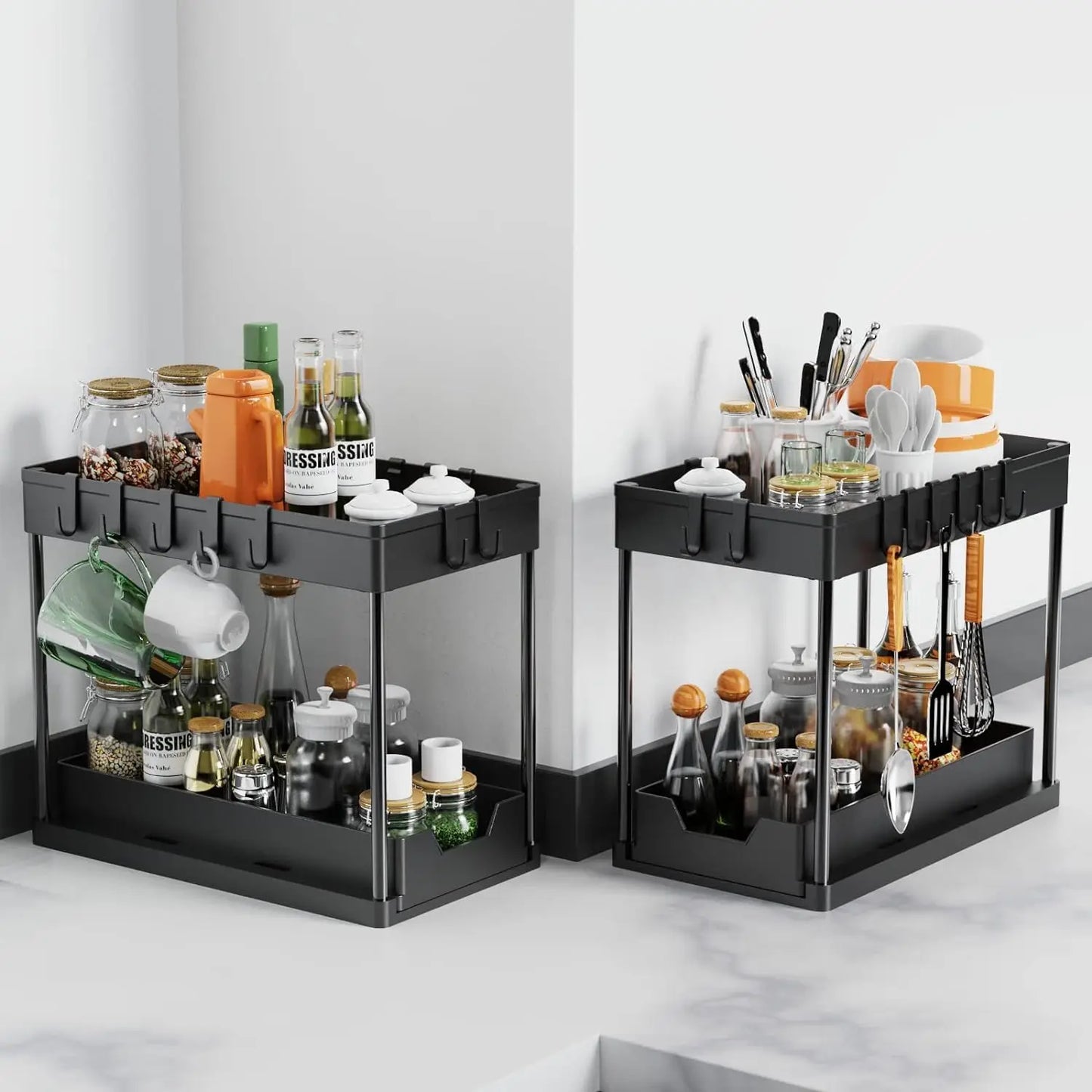 2-Tier Under Sink Organizer with Sliding Drawers & Hooks