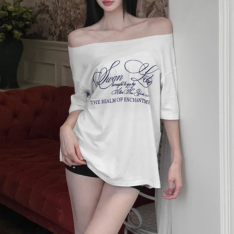 Casual Relax Woman T-shirt Letter 2025 Women Oversized One Shoulder Tops Versatile Street Atmosphere Style Fashionable Tops