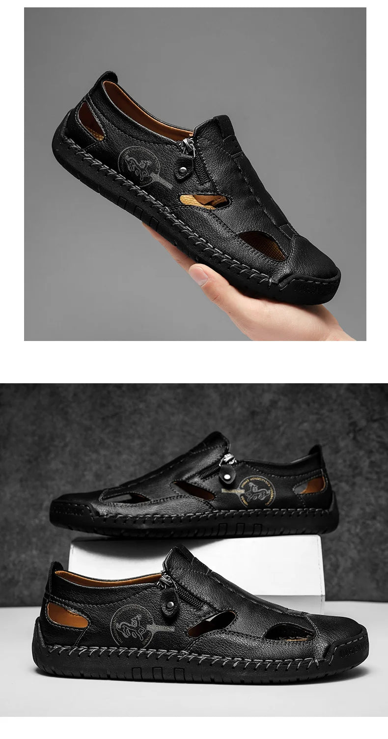 Men’s Leather Roman Sandals – Breathable Handmade Casual Summer Shoes for Outdoor & Beach