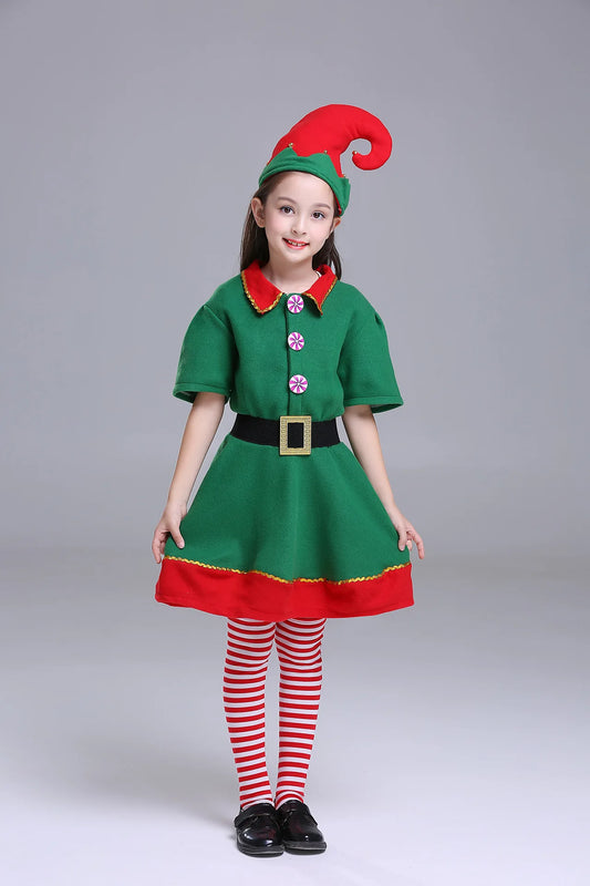 2025 Christmas Elf Costume Girls Xmas Santa Claus Green Elf Dress For Kids Adults Family Matching Outfits Cosplay Clothing