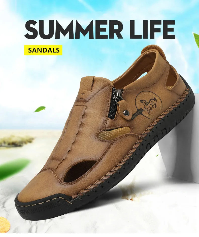 Men’s Leather Roman Sandals – Breathable Handmade Casual Summer Shoes for Outdoor & Beach