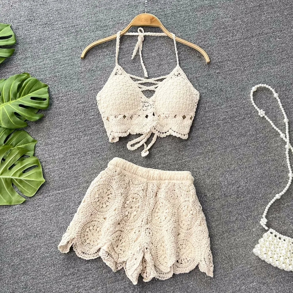 SINGREINY Knit Two Piece Sets Women Summer Vacation Backless Camisole Elastic Waist Shorts Hollow Out Y2K Beach Style Suits