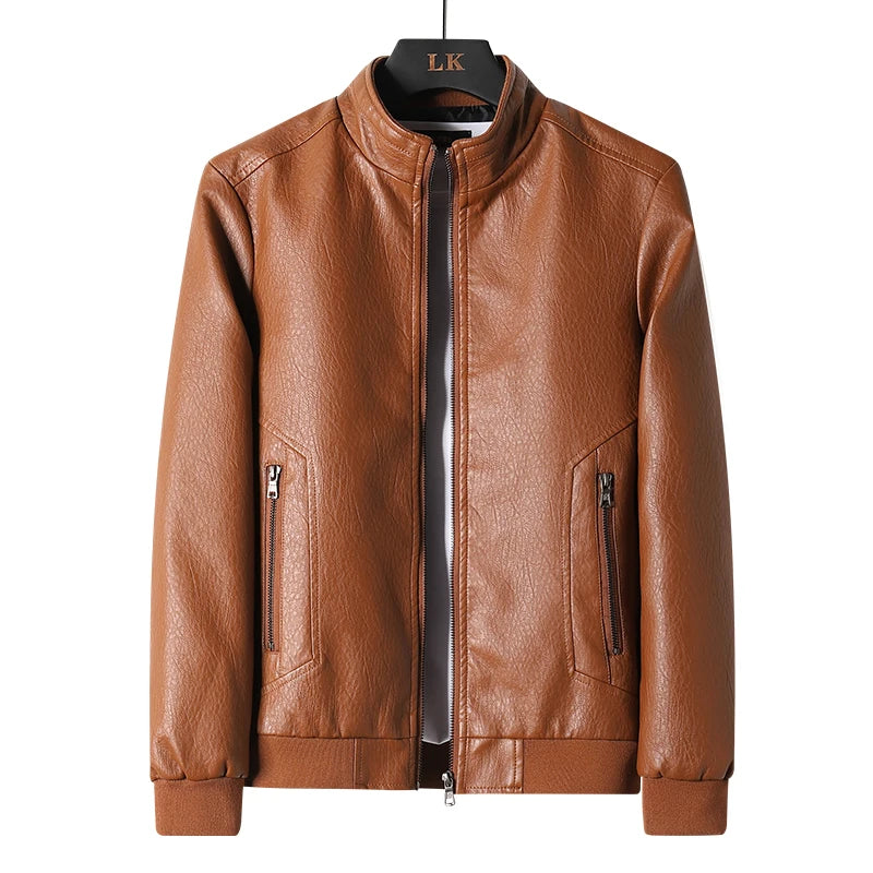 Leather Jacket Men Coats Motorcycle Autumn Travel Fleece Black Zipper Plus Size 6XL 7XL 8XL Oversized Winter Slanted Overcoat