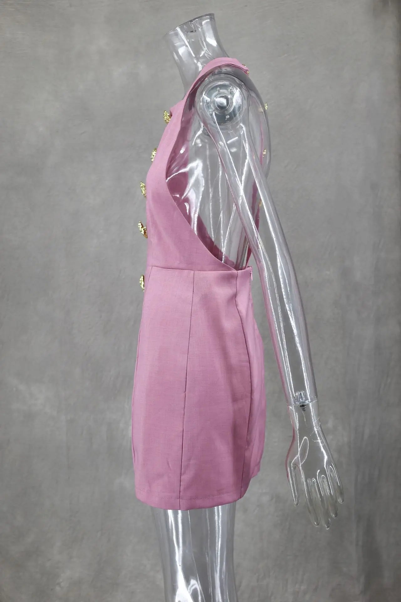 Chic Pink Halter Mini Dress – Backless, Sleeveless, Gold Button | Summer Party Dress 2025