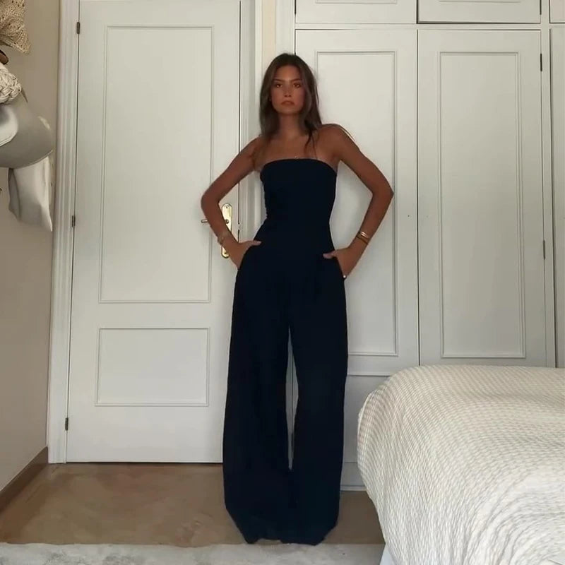 Backless Off-Shoulder Jumpsuit – Wide-Leg High Waist Summer Romper for Women
