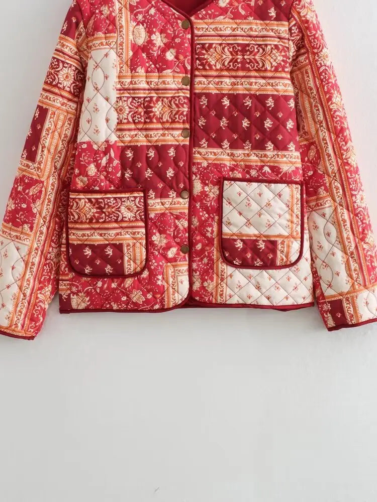 Women’s Quilted Floral Jacket – Vintage Loose Fit Winter Coat