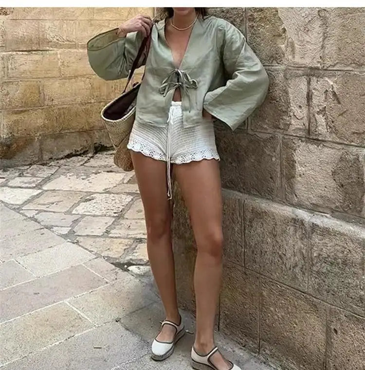 Spring 2025 V-Neck Lace-Up Linen Blouse – Casual Loose Fit