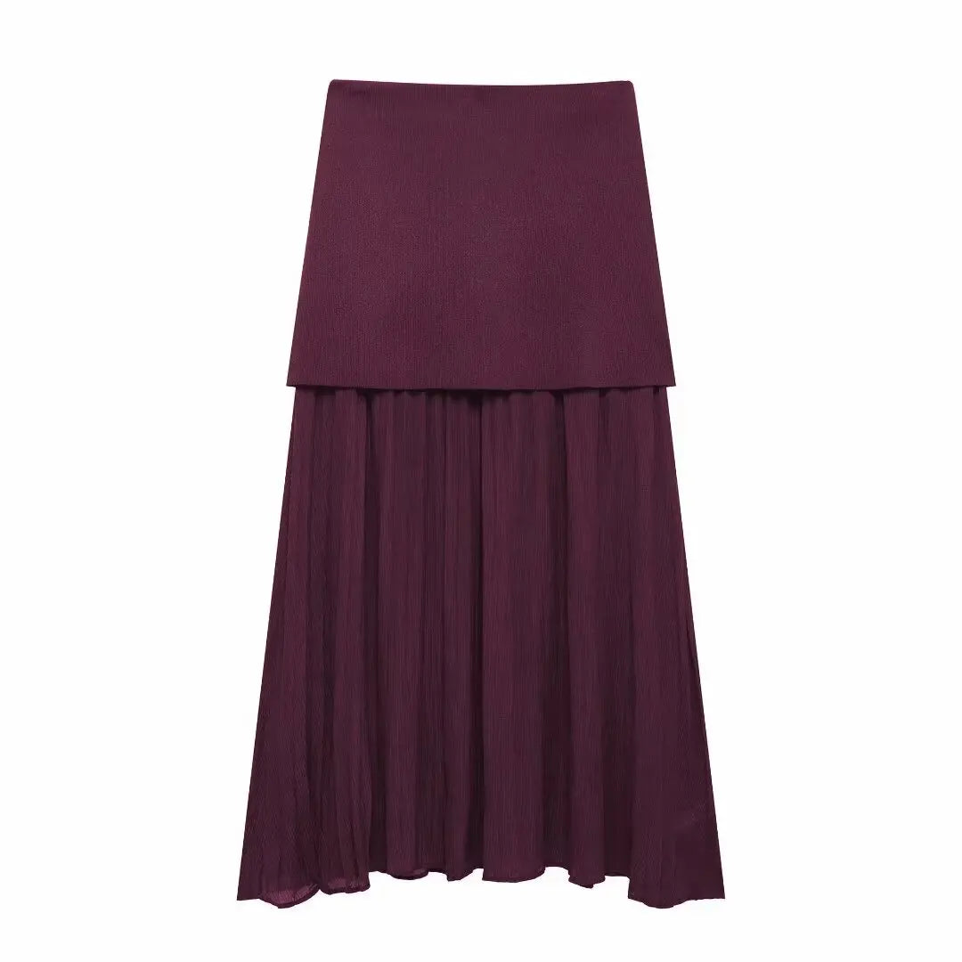 Elegant Wine Red Knitted Skirt Set for Women – V-Neck Vest & High-Waist Midi Skirt | Spring/Summer 2025