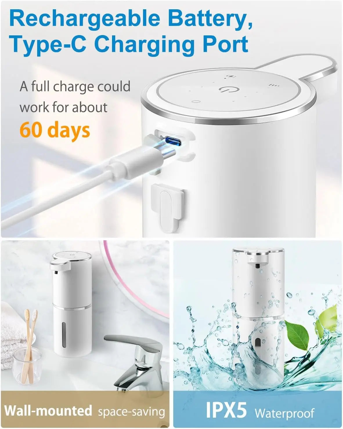 Automatic Soap Dispenser Touchless Foaming Soap Dispenser 380ml USB Rechargeable Electric 4 Level Adjustable Foam Soap Dispenser