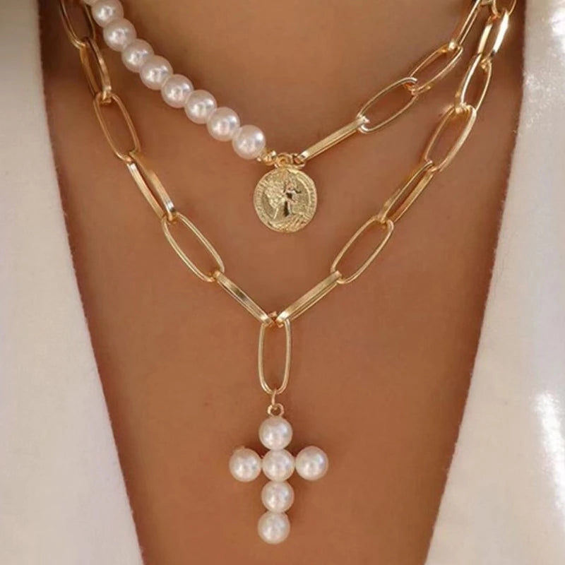 Layered Evil Eye & Cross Pendant Necklace – Lucky Charm