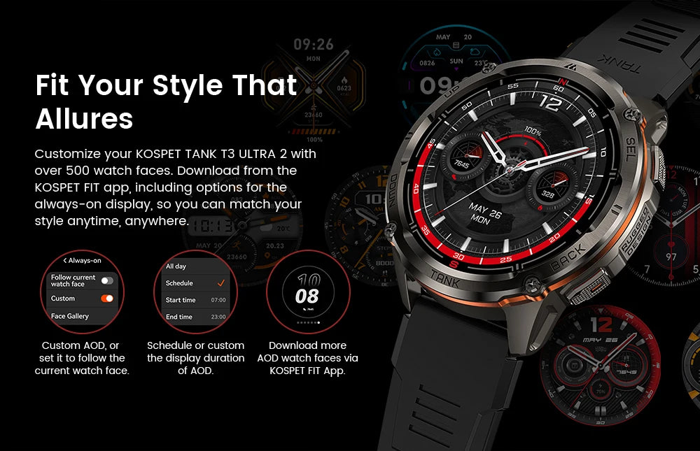 KOSPET TANK T3 Ultra 2 GPS Smart Watch For Men Smartwatch Compass Altimeter Barometric 5ATM IP69K Waterproof AMOLED Mens Watches