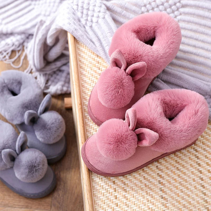 Winter Warm Home Fur Boots Womens Indoor Home Rabbit Shoe Furry Ears Footwear Indoor Bedroom Flat Heels Fluffy Ankle Boots