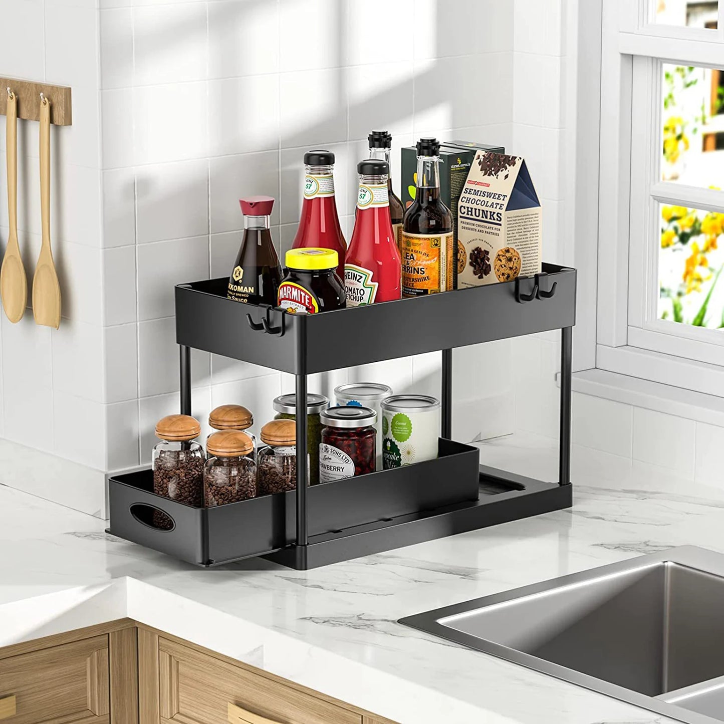 2-Tier Under Sink Organizer with Sliding Drawers & Hooks