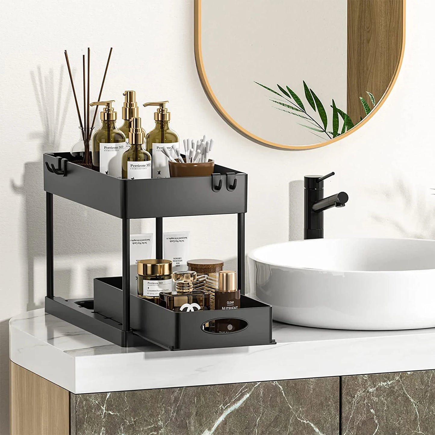 2-Tier Under Sink Organizer with Sliding Drawers & Hooks