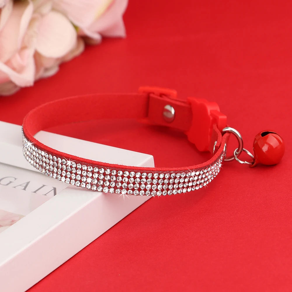 Bling Suede Cat Collar – Rhinestone Bell, Soft & Safe