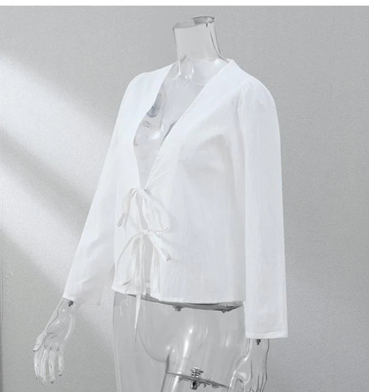 Spring 2025 V-Neck Lace-Up Linen Blouse – Casual Loose Fit