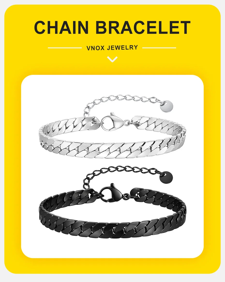 Vnox Gothic Black Cuban Chain Bracelets for Men, Stainless Steel Flat Miami Curb Links Wristband, Simple Metal Jewelry