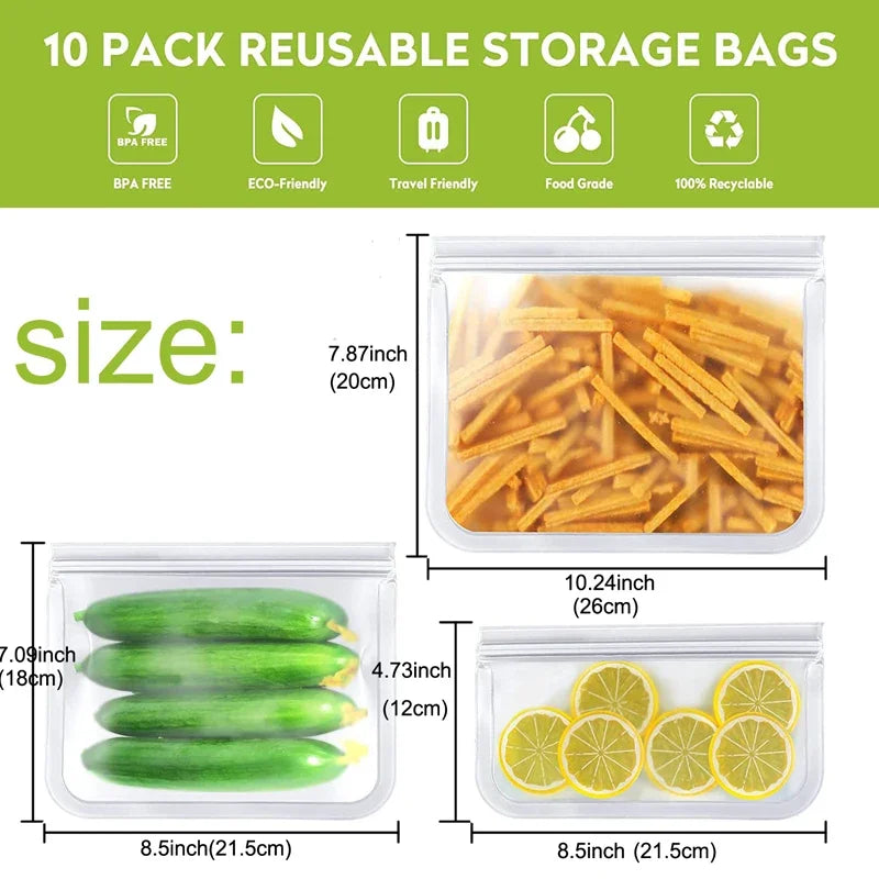 10-Pack Reusable Leakproof Food Storage Bags – BPA-Free & Freezer Safe
