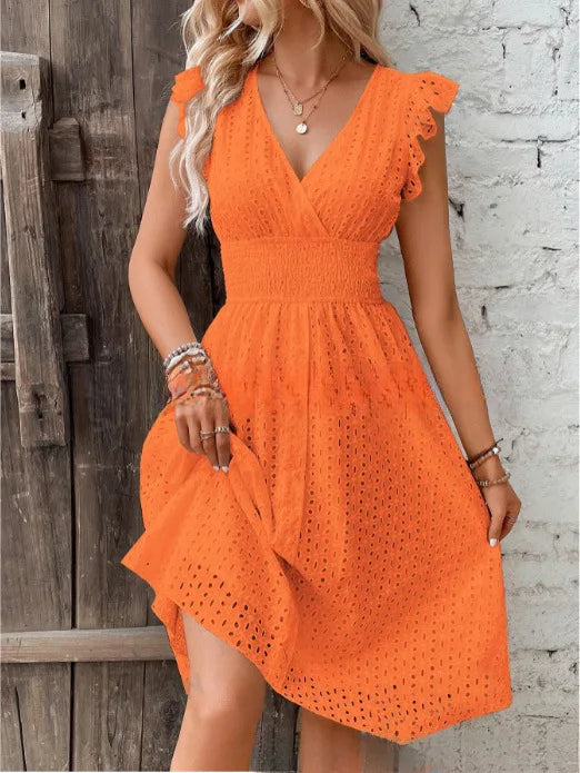White Lace V-Neck A-Line Mini Dress – Elegant Summer Beachwear