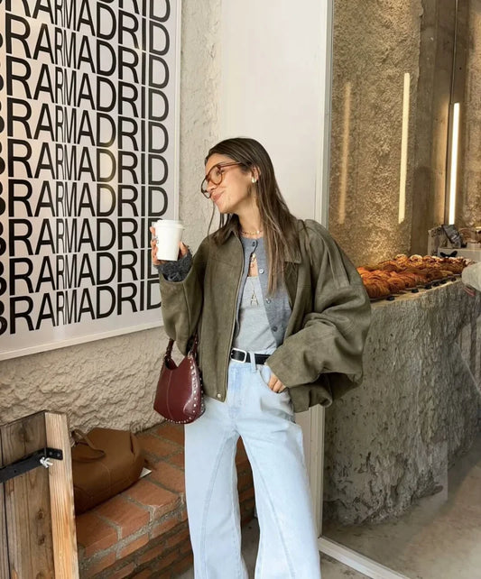 Women’s Suede-Texture Bomber Jacket – Casual Lapel Zip Coat | ETJ