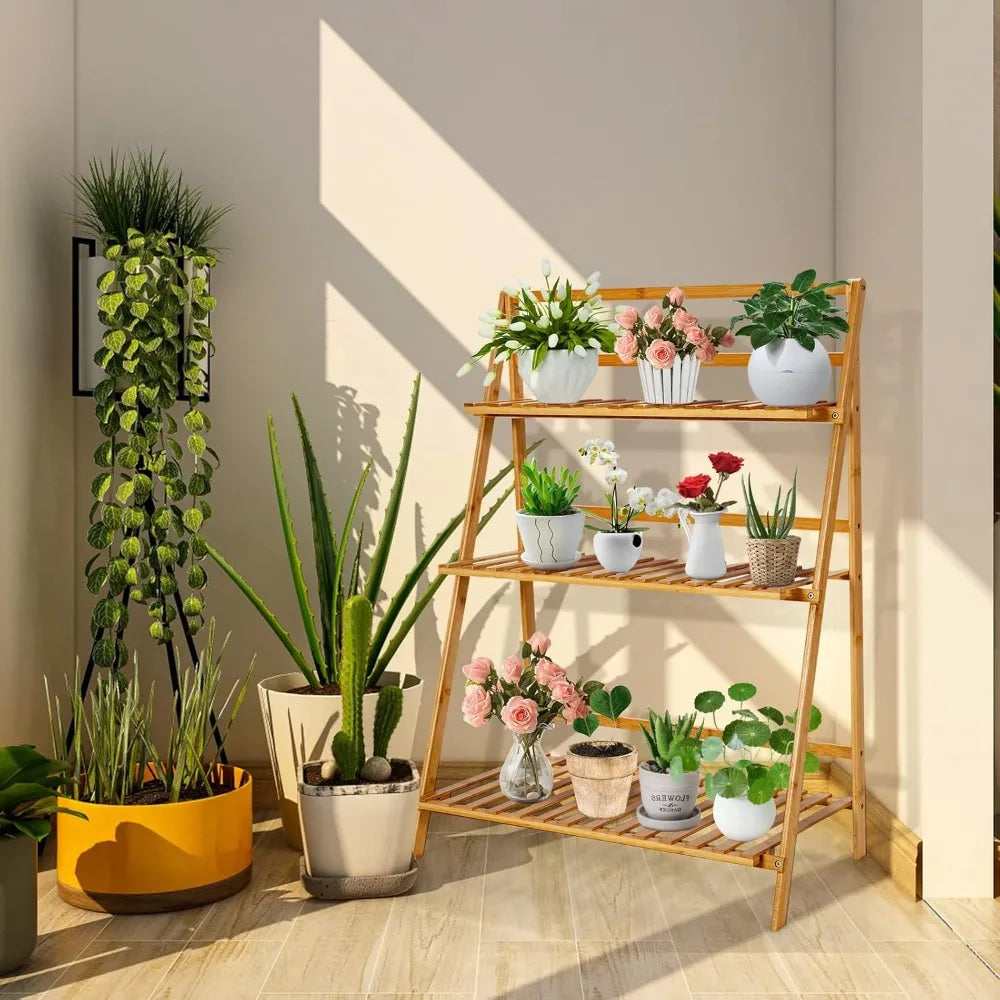 3-Tier Bamboo Plant Stand & Foldable Storage Shelf