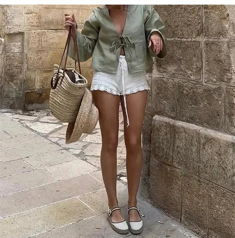 Spring 2025 V-Neck Lace-Up Linen Blouse – Casual Loose Fit