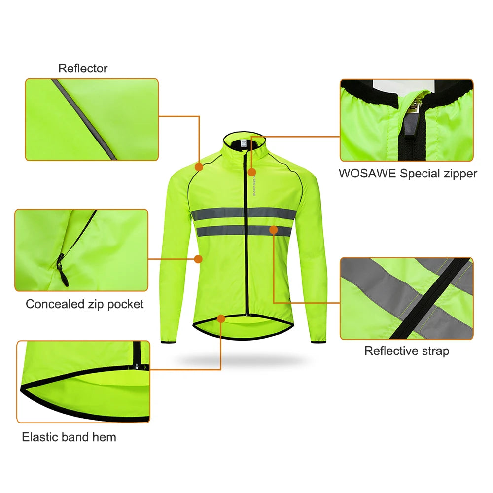 WOSAWE Ultralight Men's Cycling Windbreaker Reflective Jacket Windproof Bike Jacket Water Resistant MTB Road Bicycle Long Jersey