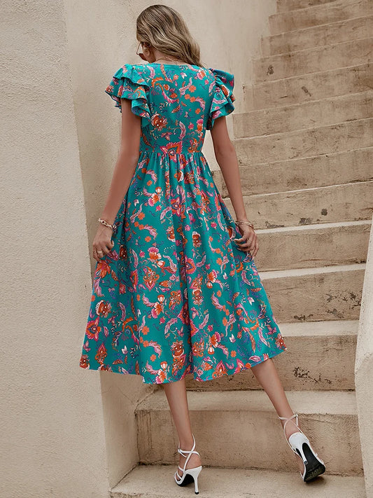 Summer Floral Print Midi Dress Women Fashion Slim Ruffle Sleeve Beach Dress Casual Elegant Green A-line New In Dresses