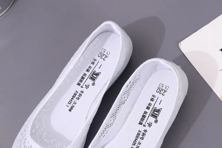 Women’s White Lace Breathable Slip-On Sneakers – Casual Summer Flats with Low Wedge Comfort Sole