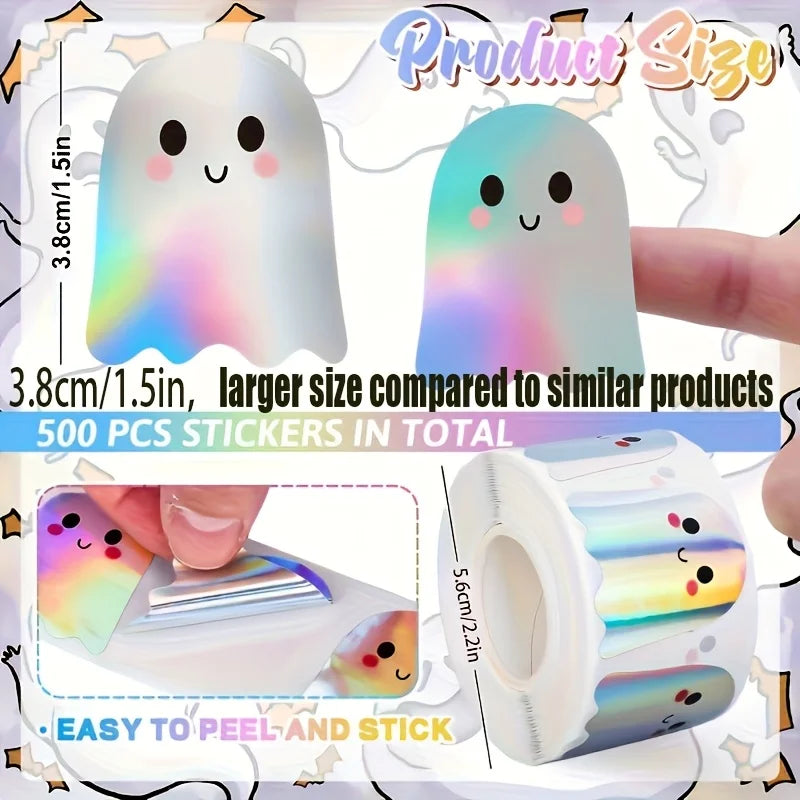 1roll/500pcs Cute Laser Ghost Stickers,Cute Ghost Sealing Stickers, Self-Adhesive Paper,Halloween Halloween Decorations Stickers