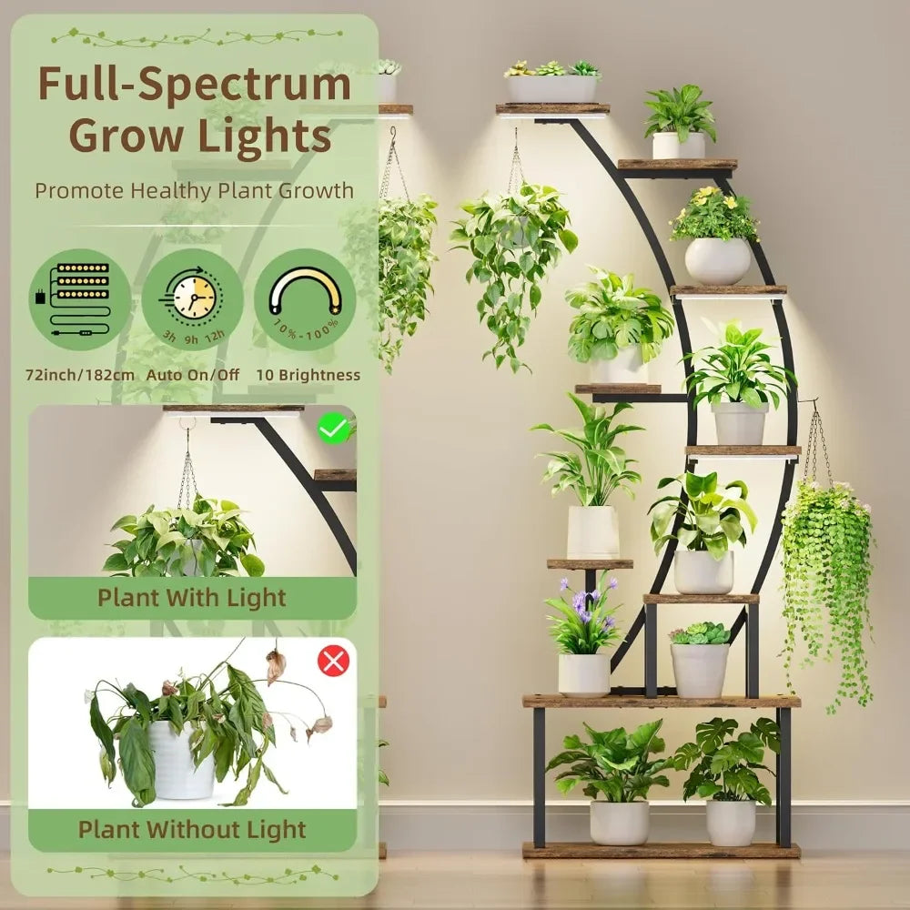 64" Indoor Plant Stand with Grow Lights – 9-Tier Metal Shelf for Multiple Plants & Hanging Pots