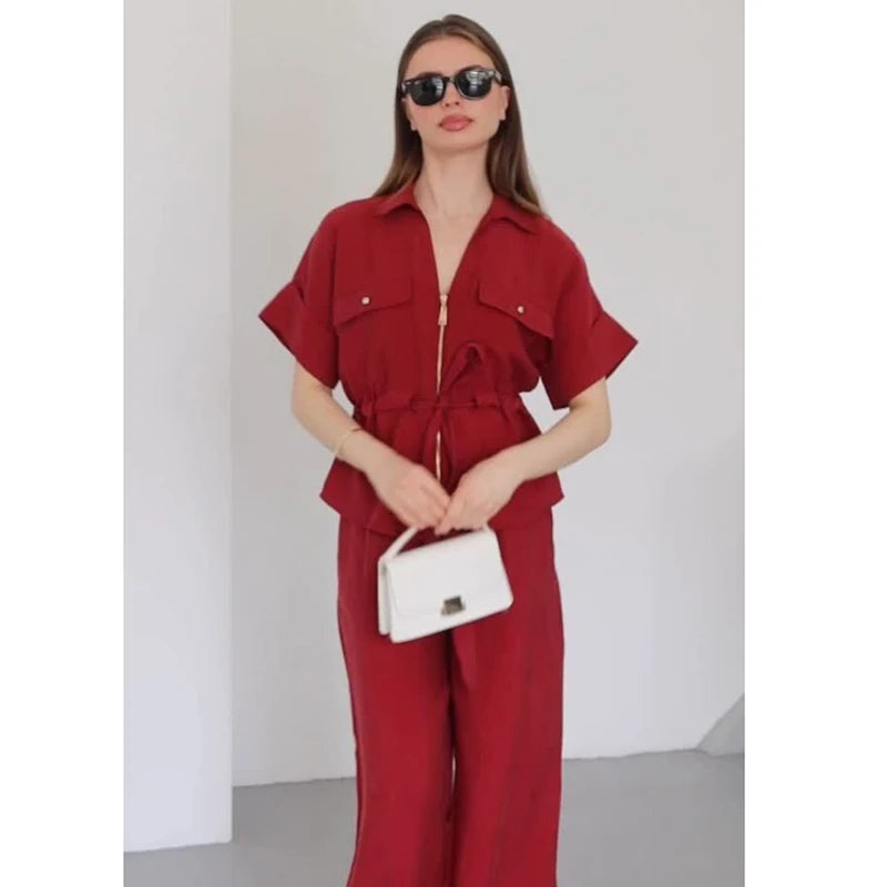 Women’s Summer 2-Piece Set – Loose Shirt & High-Waist Pants